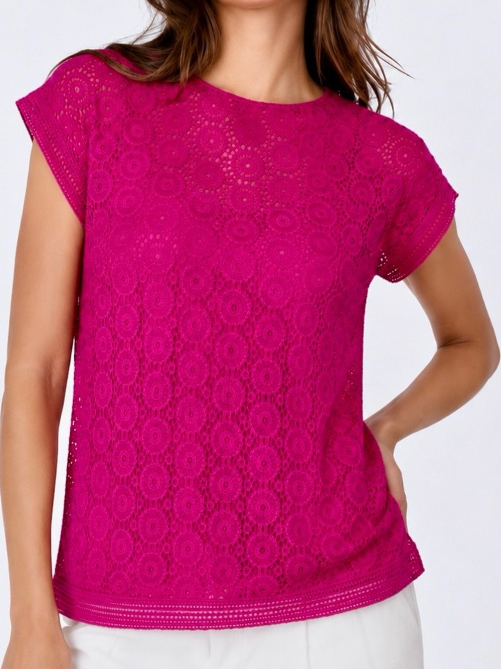 CHICOS Hot Pink Fuchsia Lace Short-Sleeve Top Blouse Tee